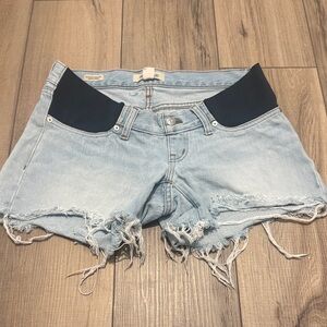 Madewell Light Blue Distressed Maternity Denim Shorts with Black Waist Insets